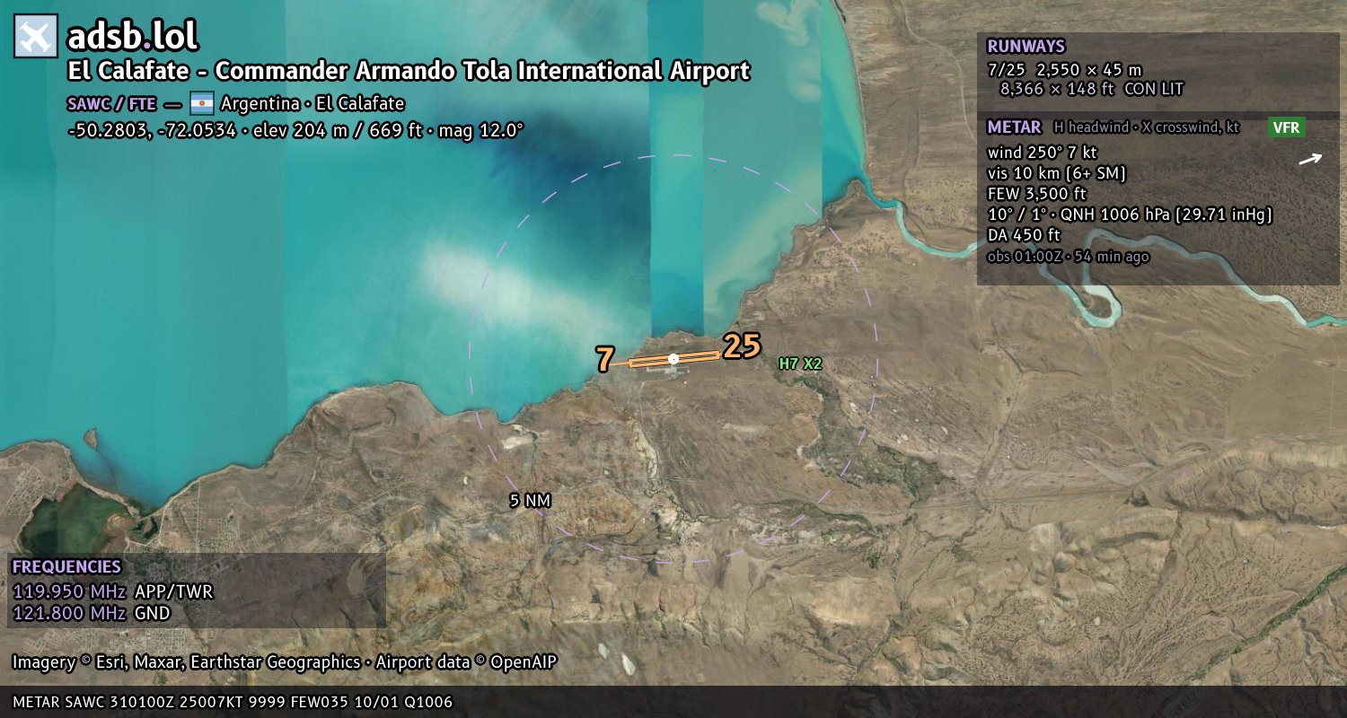 Satellite map with the runway layout of El Calafate - Commander Armando Tola International Airport (SAWC)