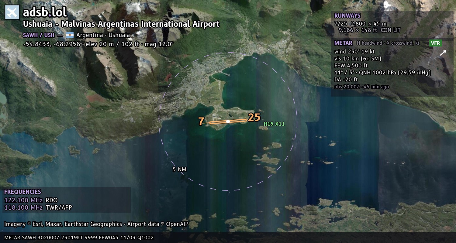 Satellite map with the runway layout of Ushuaia - Malvinas Argentinas International Airport (SAWH)