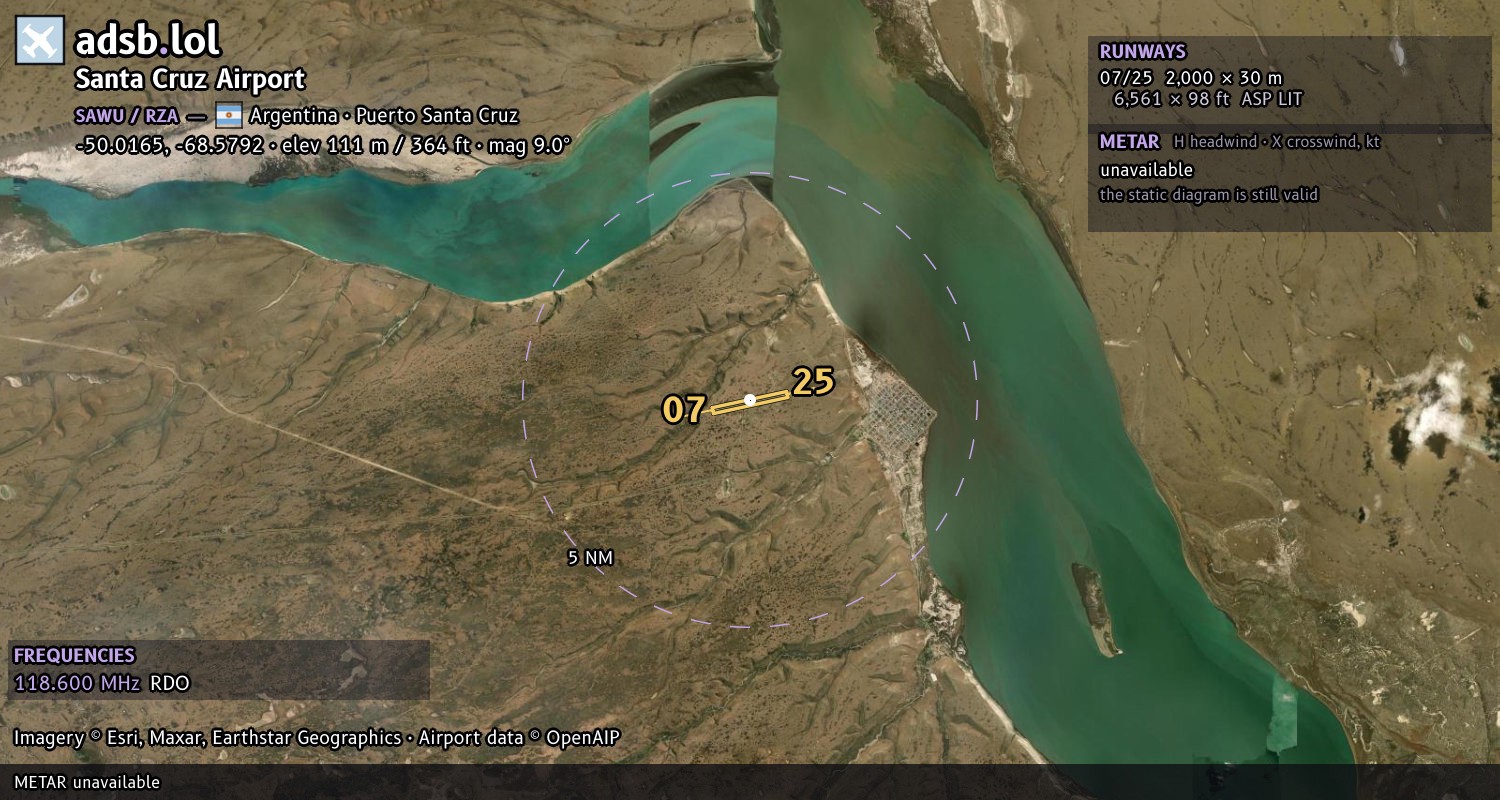 Satellite map with the runway layout of Santa Cruz Airport (SAWU)