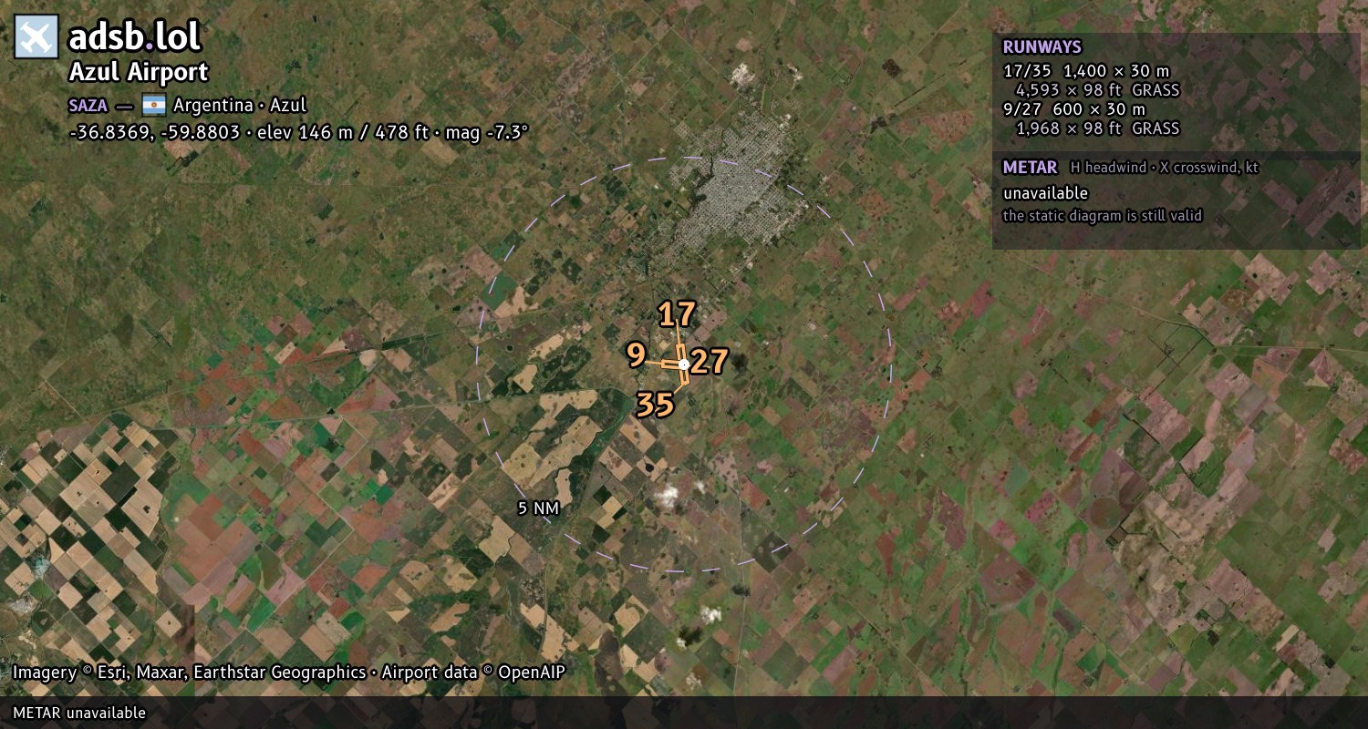 Satellite map with the runway layout of Azul Airport (SAZA)