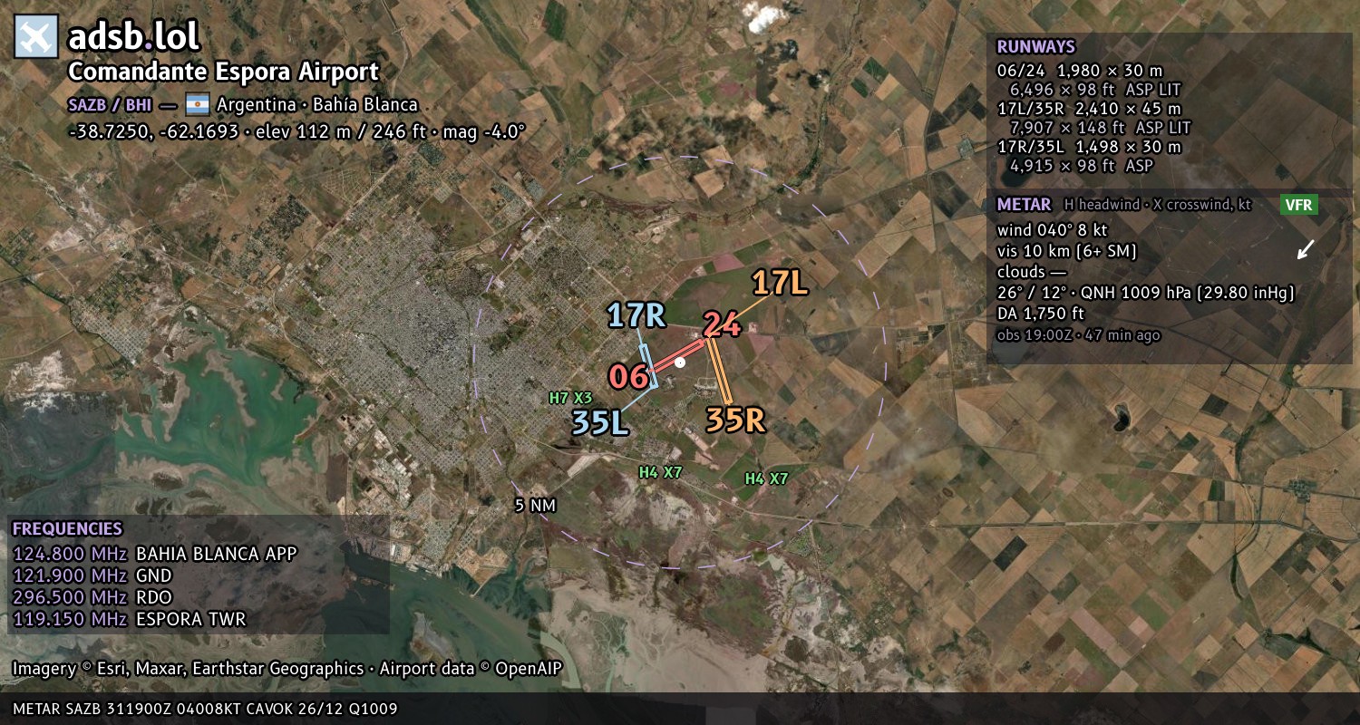 Satellite map with the runway layout of Comandante Espora Airport (SAZB)