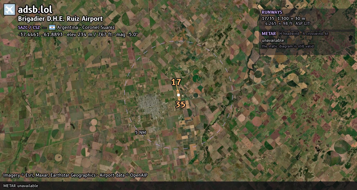 Satellite map with the runway layout of Brigadier D.H.E. Ruiz Airport (SAZC)