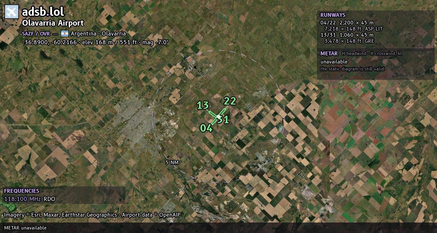 Satellite map with the runway layout of Olavarria Airport (SAZF)