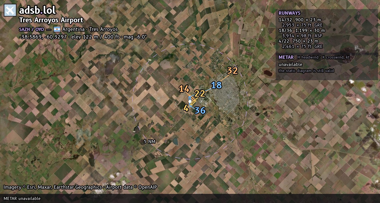 Satellite map with the runway layout of Tres Arroyos Airport (SAZH)
