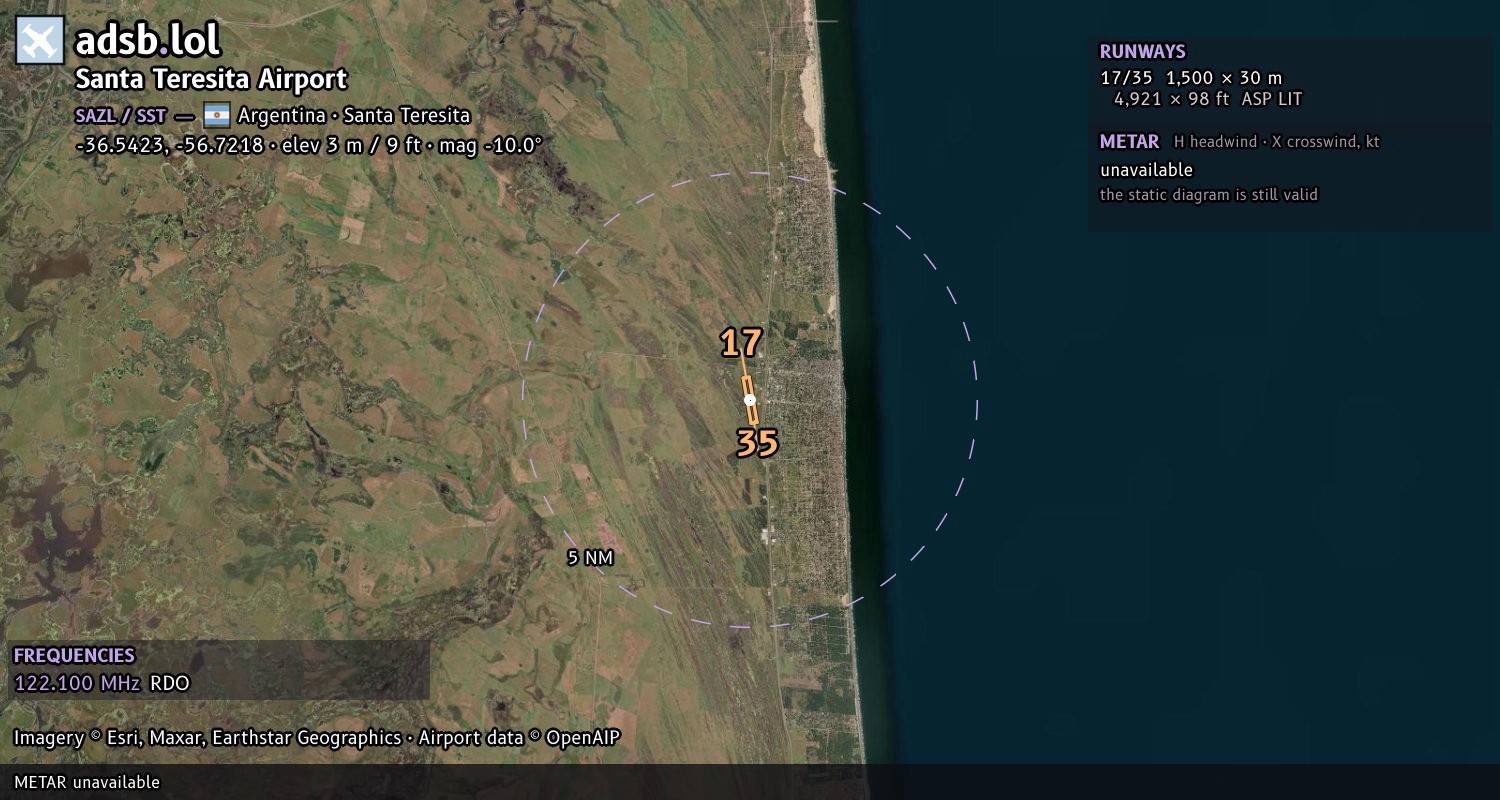 Satellite map with the runway layout of Santa Teresita Airport (SAZL)