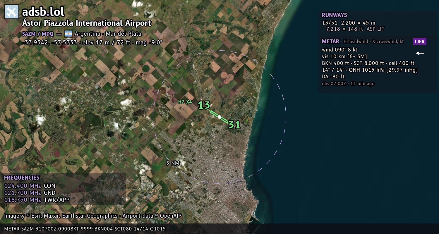 Satellite map with the runway layout of Ástor Piazzola International Airport (SAZM)