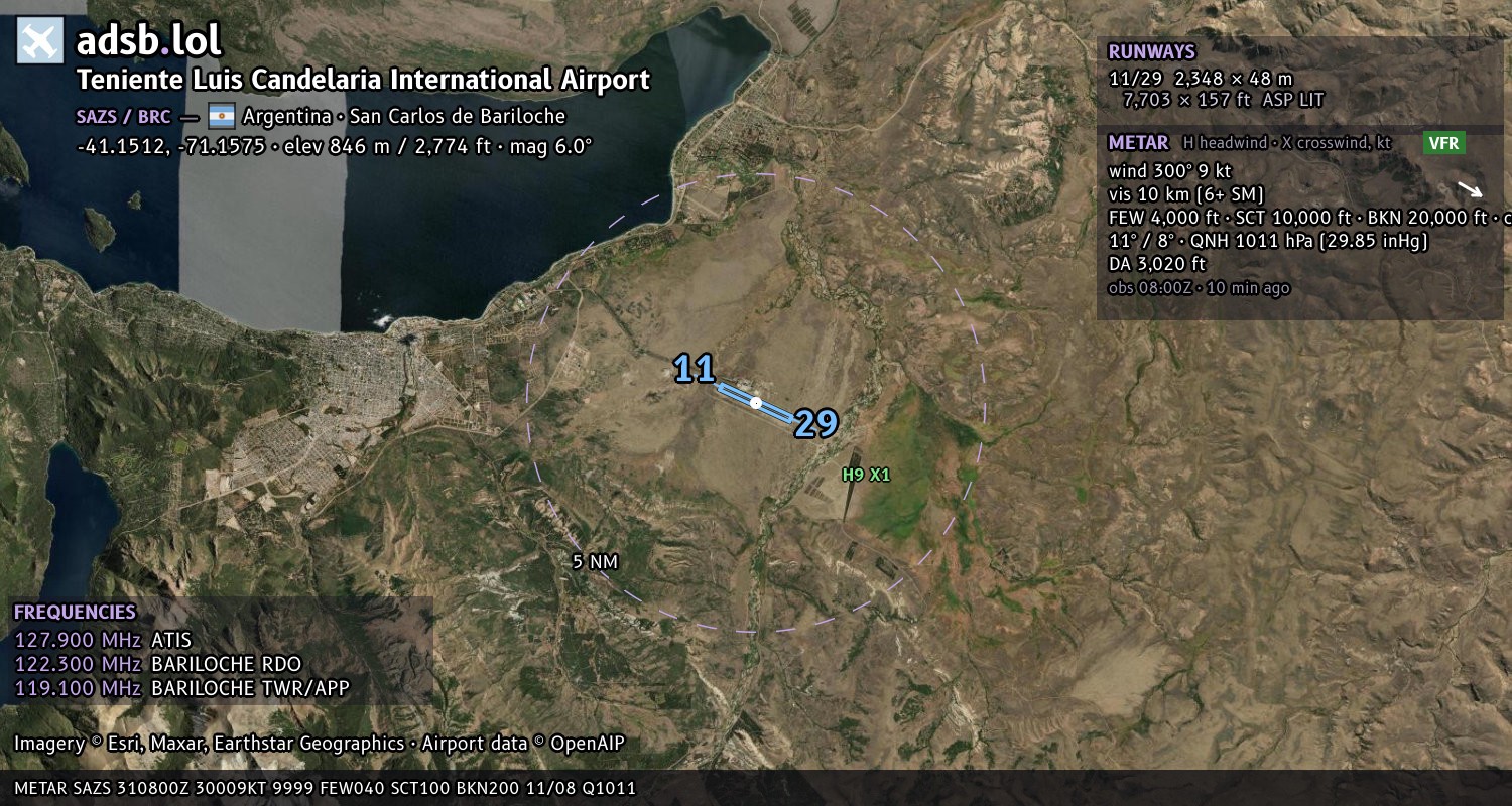 Satellite map with the runway layout of Teniente Luis Candelaria International Airport (SAZS)
