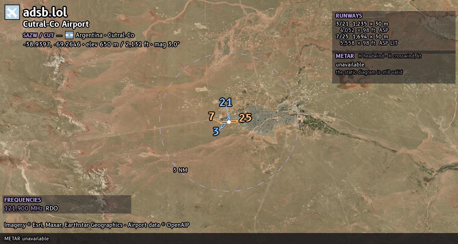 Satellite map with the runway layout of Cutral-Co Airport (SAZW)
