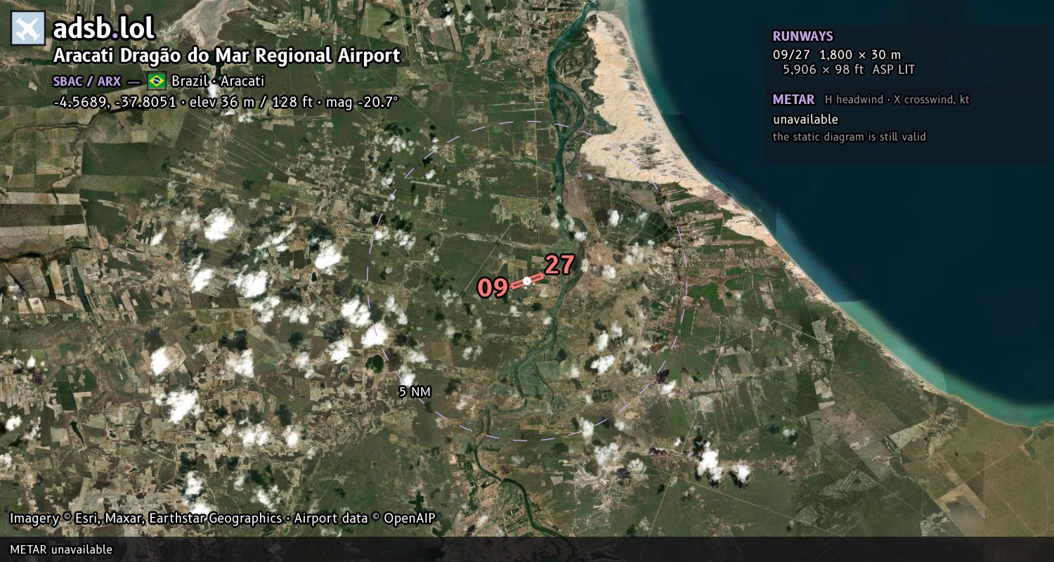 Satellite map with the runway layout of Aracati Dragão do Mar Regional Airport (SBAC)