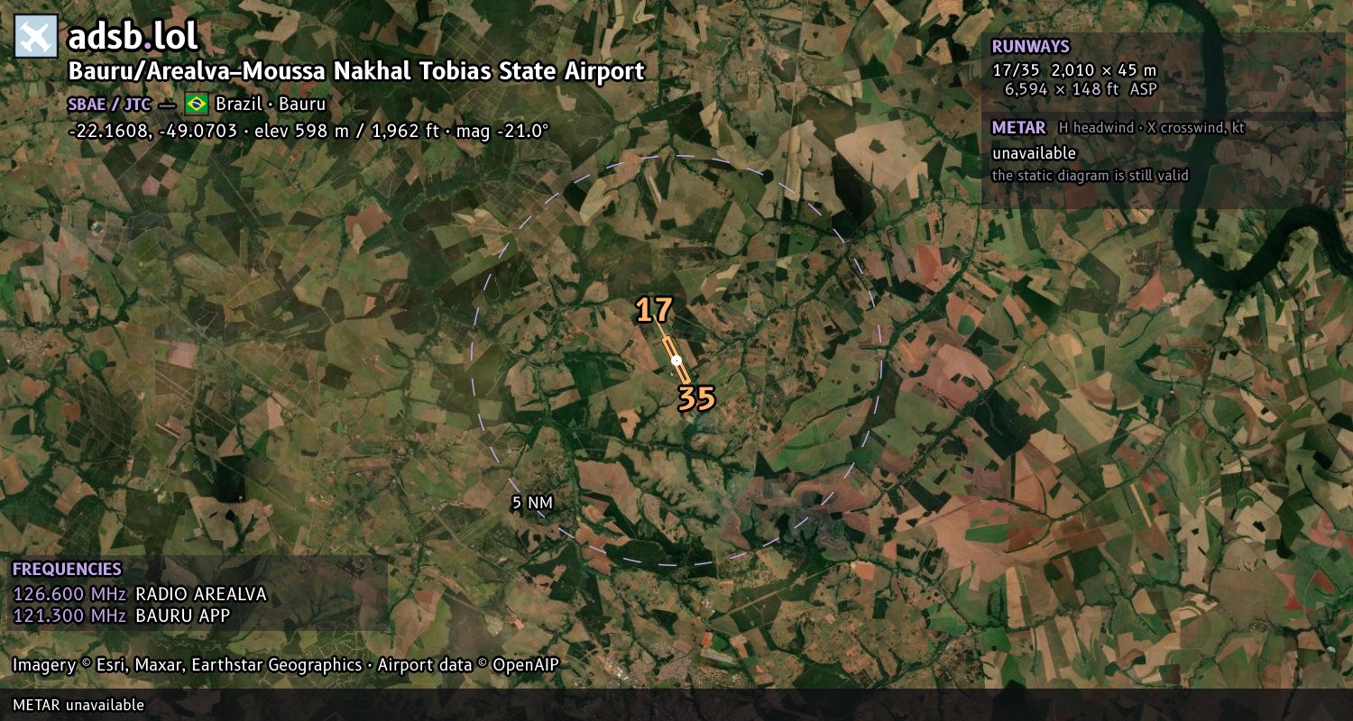 Satellite map with the runway layout of Bauru/Arealva–Moussa Nakhal Tobias State Airport (SBAE)