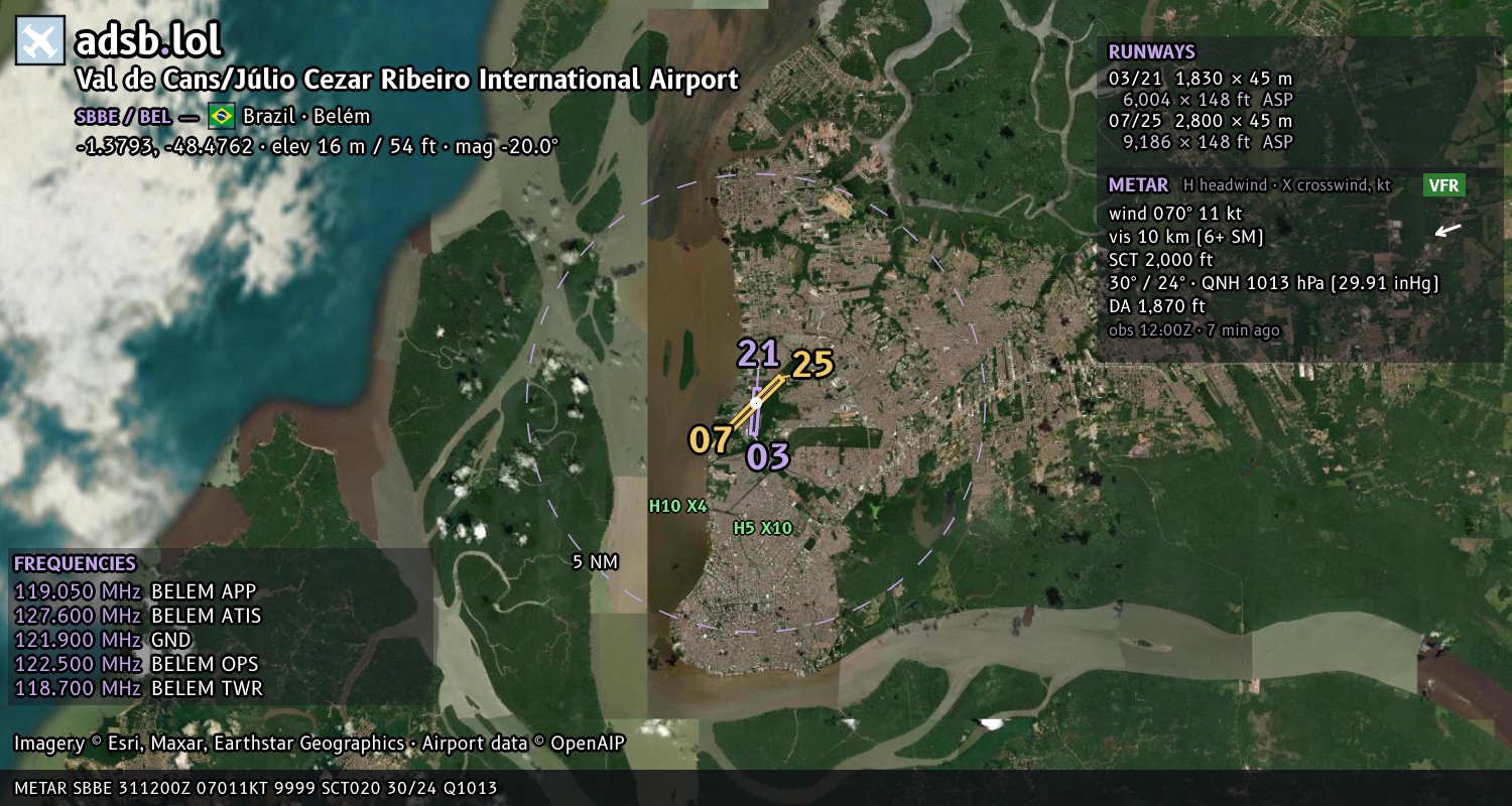Satellite map with the runway layout of Val de Cans/Júlio Cezar Ribeiro International Airport (SBBE)