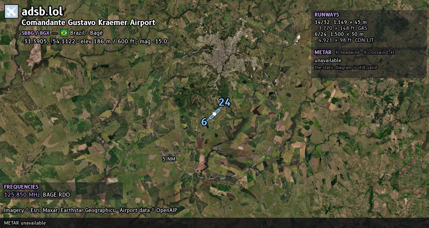 Satellite map with the runway layout of Comandante Gustavo Kraemer Airport (SBBG)