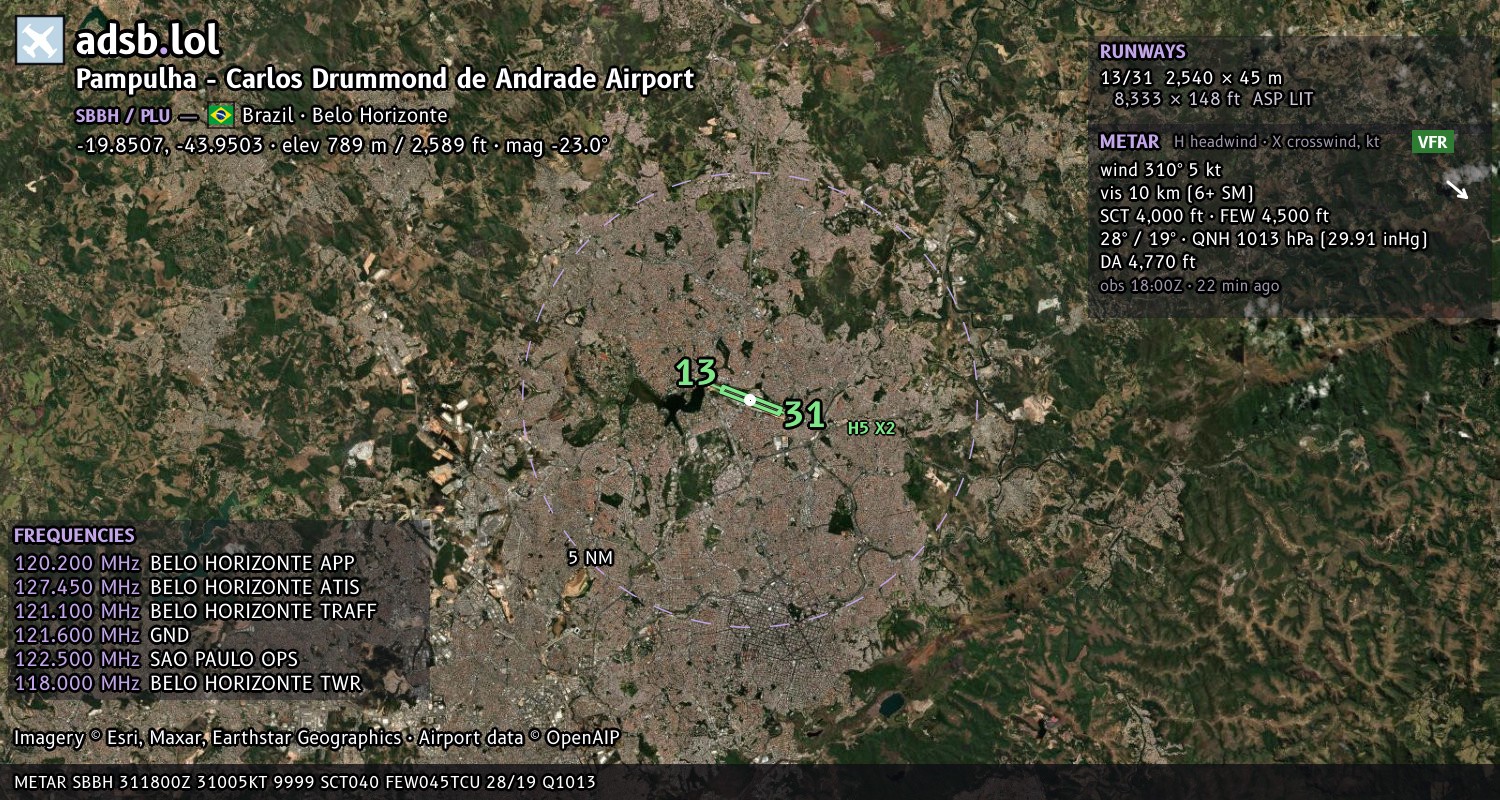 Satellite map with the runway layout of Pampulha - Carlos Drummond de Andrade Airport (SBBH)