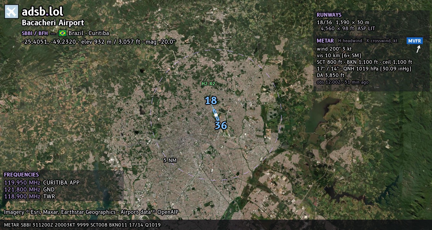 Satellite map with the runway layout of Bacacheri Airport (SBBI)