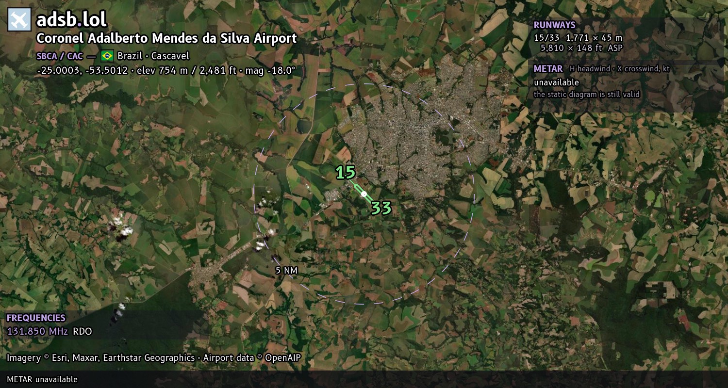Satellite map with the runway layout of Coronel Adalberto Mendes da Silva Airport (SBCA)