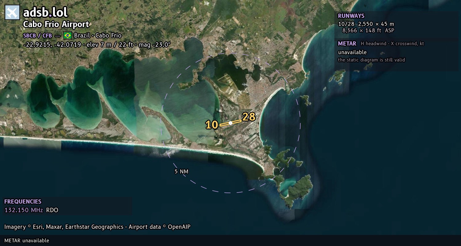 Satellite map with the runway layout of Cabo Frio Airport (SBCB)