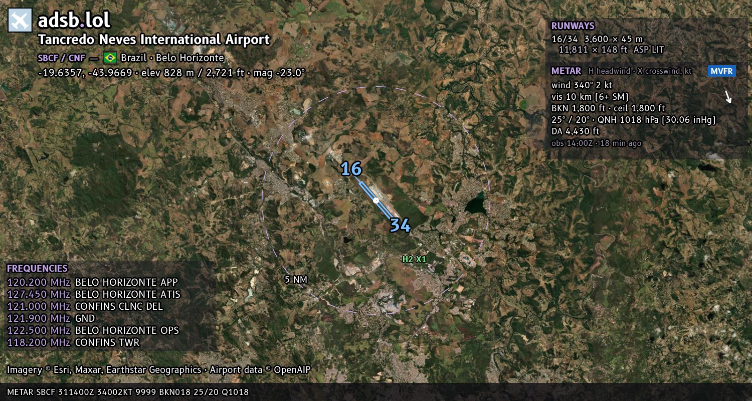 Satellite map with the runway layout of Tancredo Neves International Airport (SBCF)