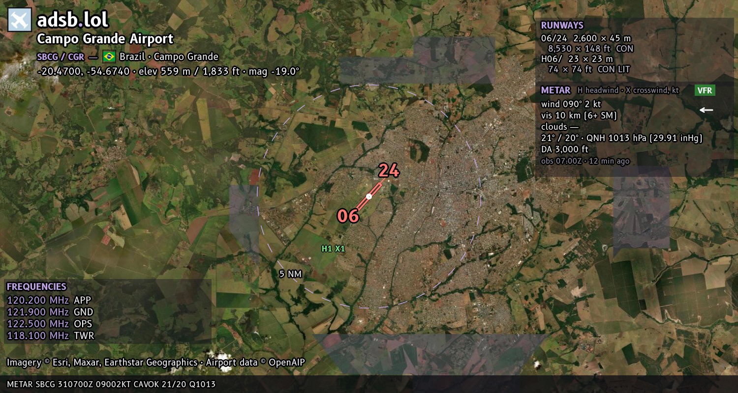 Satellite map with the runway layout of Campo Grande Airport (SBCG)