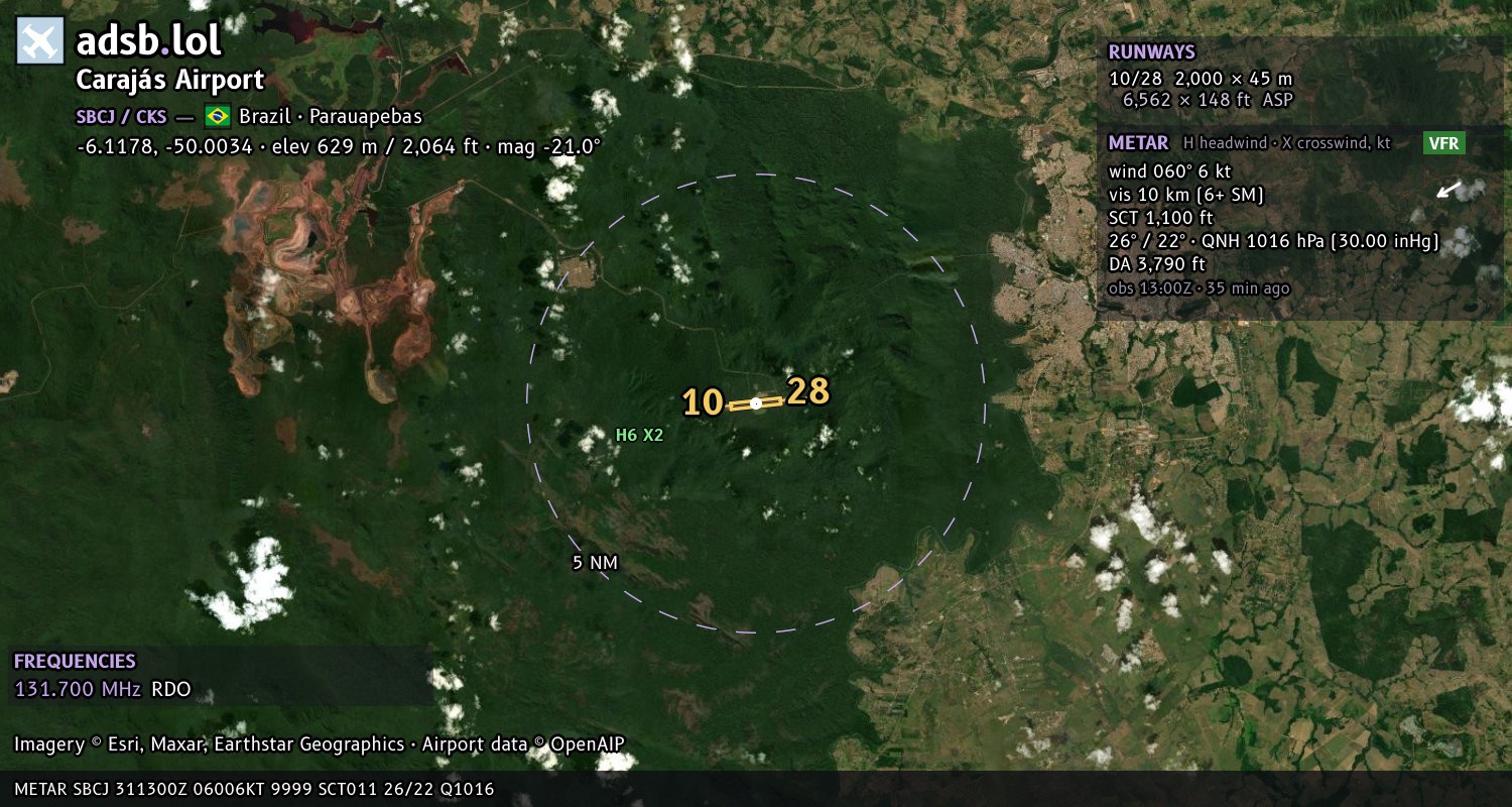 Satellite map with the runway layout of Carajás Airport (SBCJ)