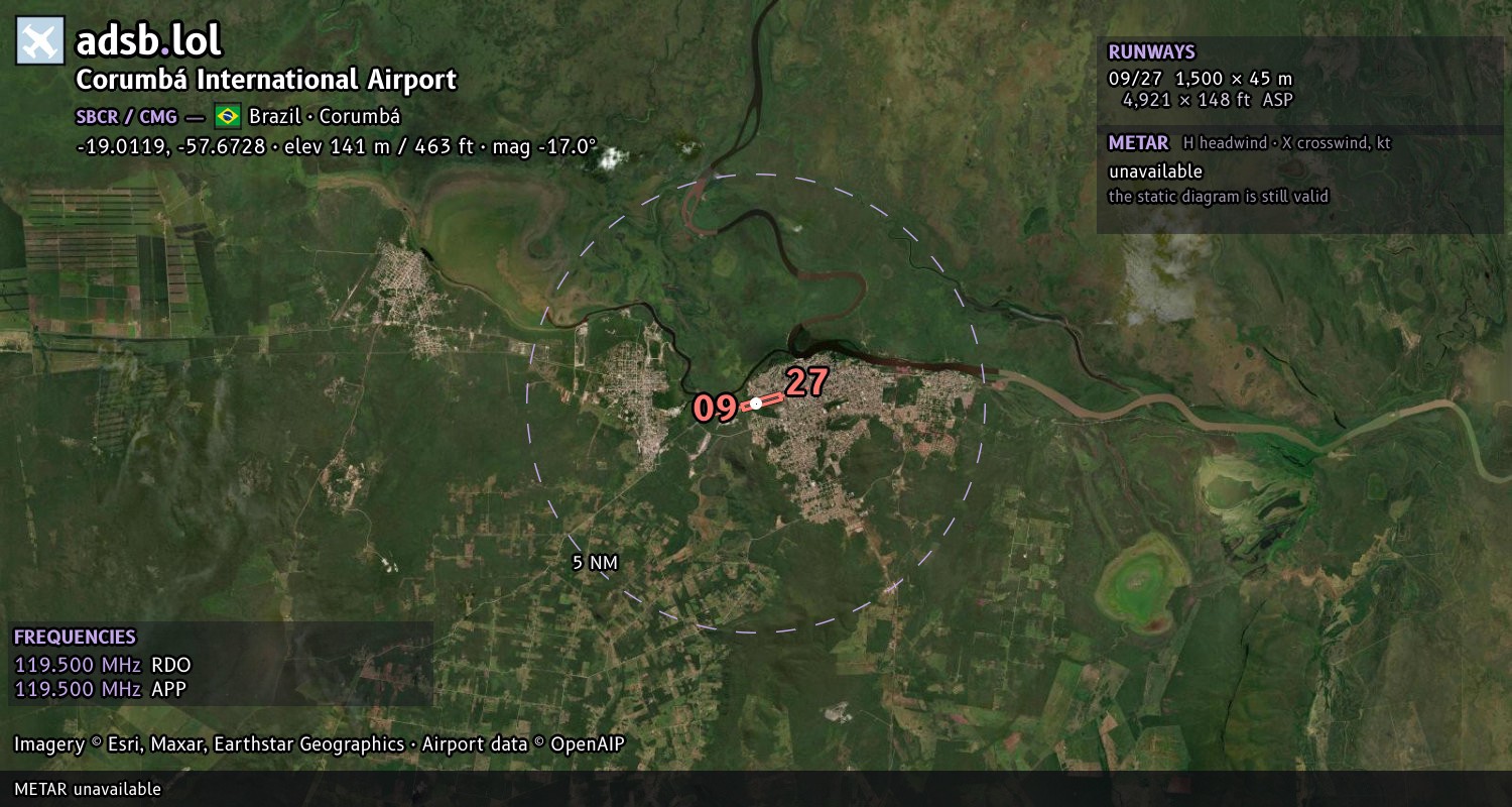 Satellite map with the runway layout of Corumbá International Airport (SBCR)
