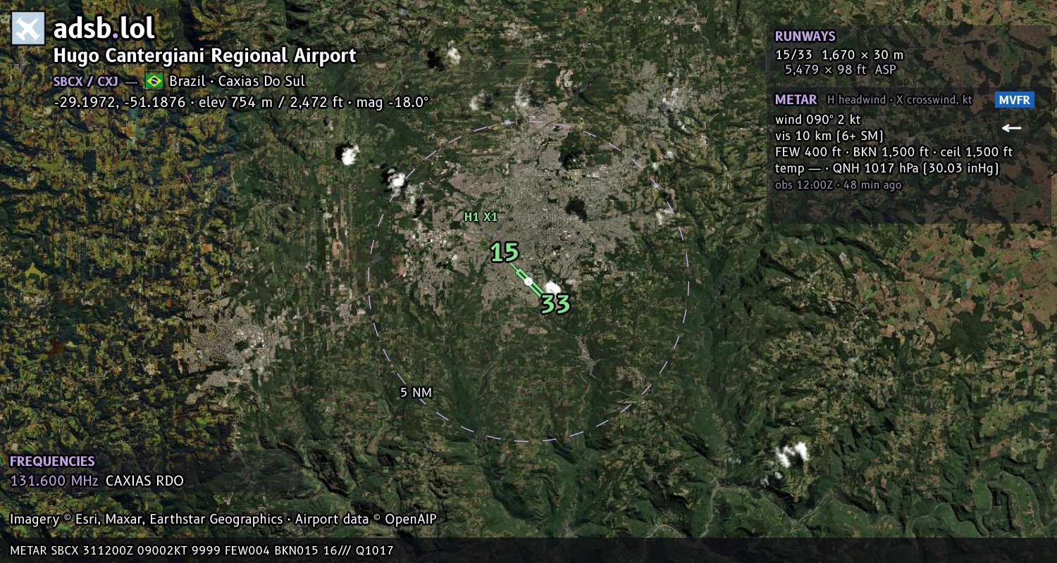 Satellite map with the runway layout of Hugo Cantergiani Regional Airport (SBCX)