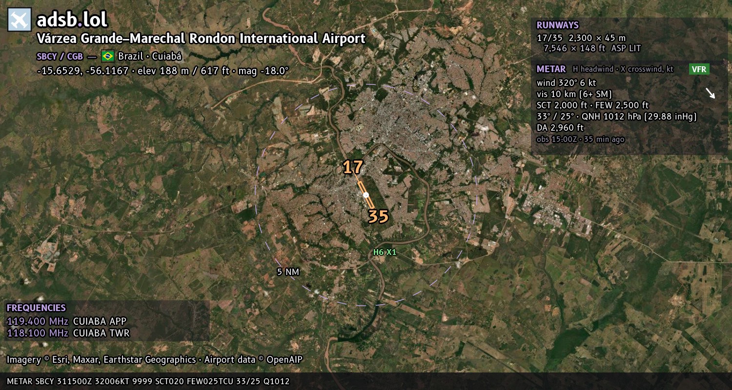 Satellite map with the runway layout of Várzea Grande–Marechal Rondon International Airport (SBCY)