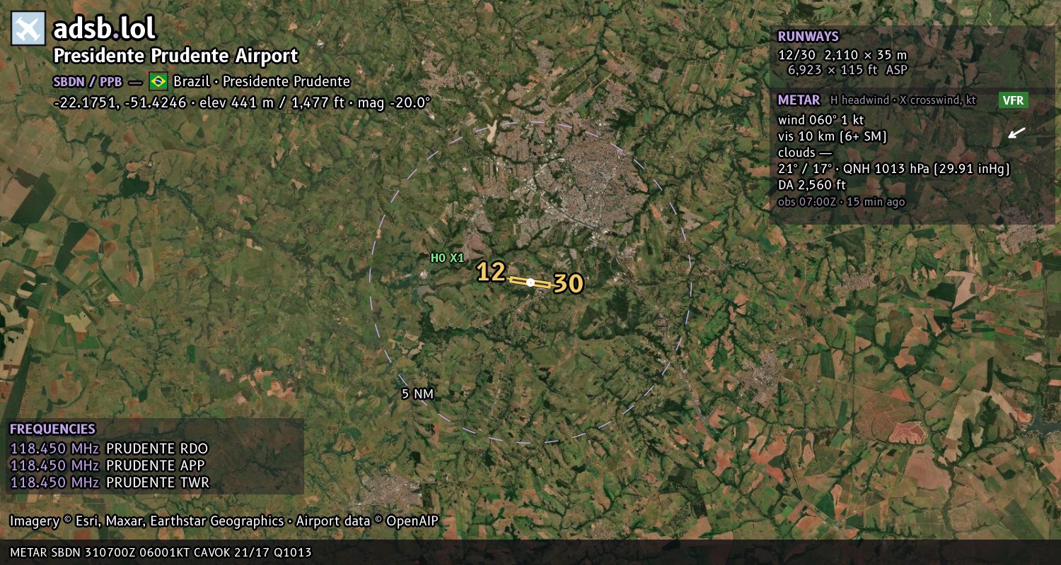 Satellite map with the runway layout of Presidente Prudente Airport (SBDN)