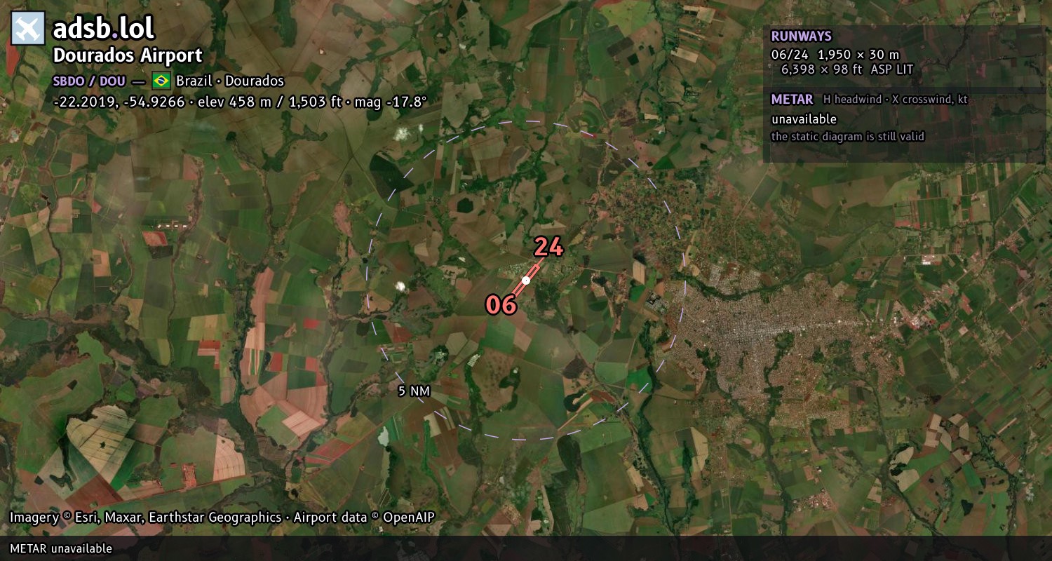 Satellite map with the runway layout of Dourados Airport (SBDO)