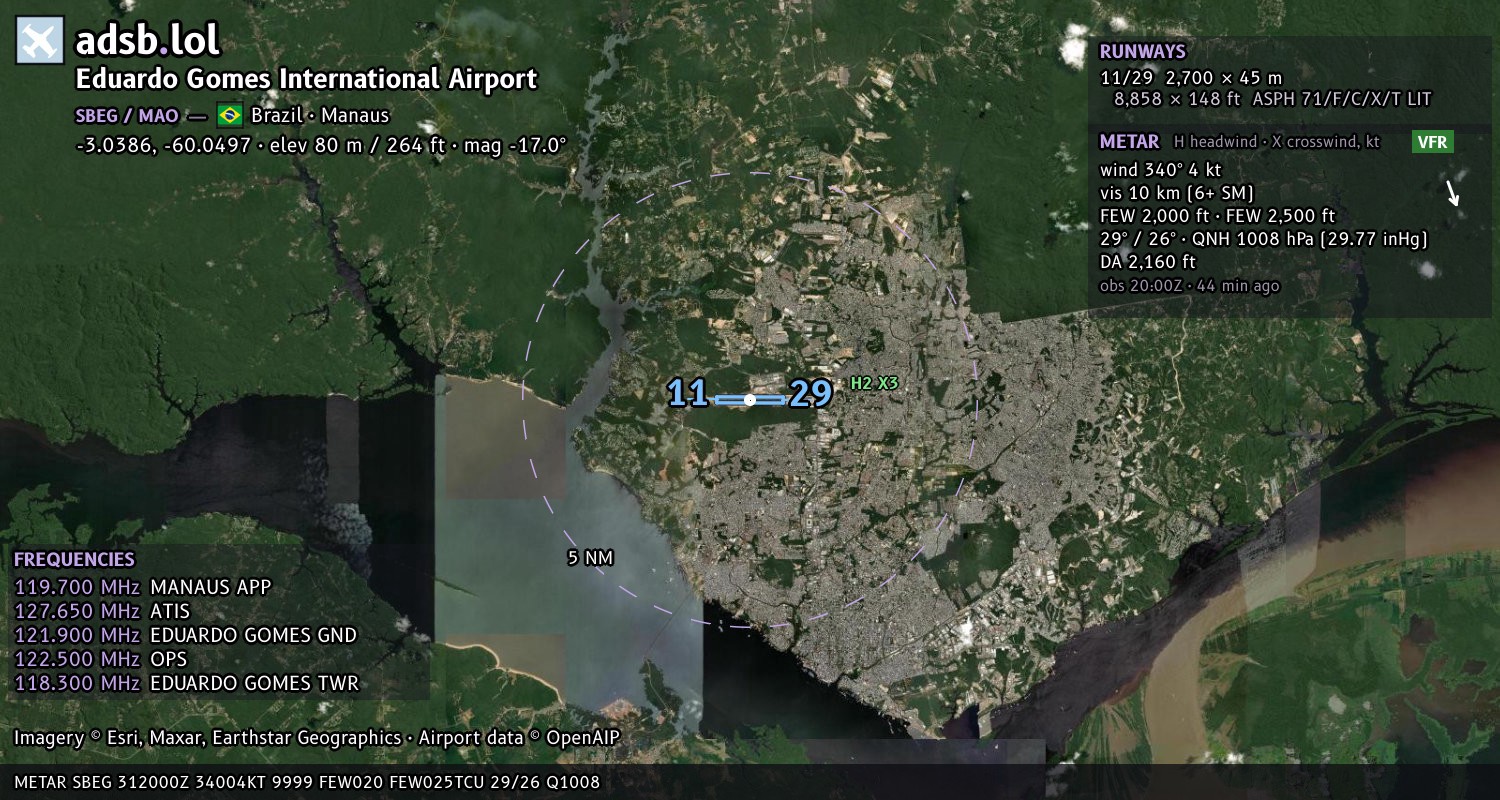 Satellite map with the runway layout of Eduardo Gomes International Airport (SBEG)