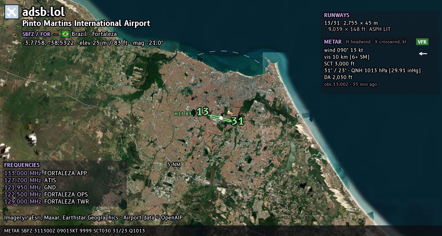 Satellite map with the runway layout of Pinto Martins International Airport (SBFZ)