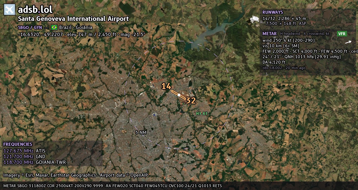 Satellite map with the runway layout of Santa Genoveva International Airport (SBGO)