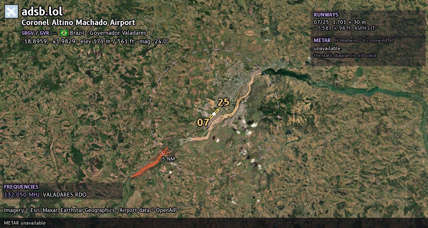 Satellite map with the runway layout of Coronel Altino Machado Airport (SBGV)