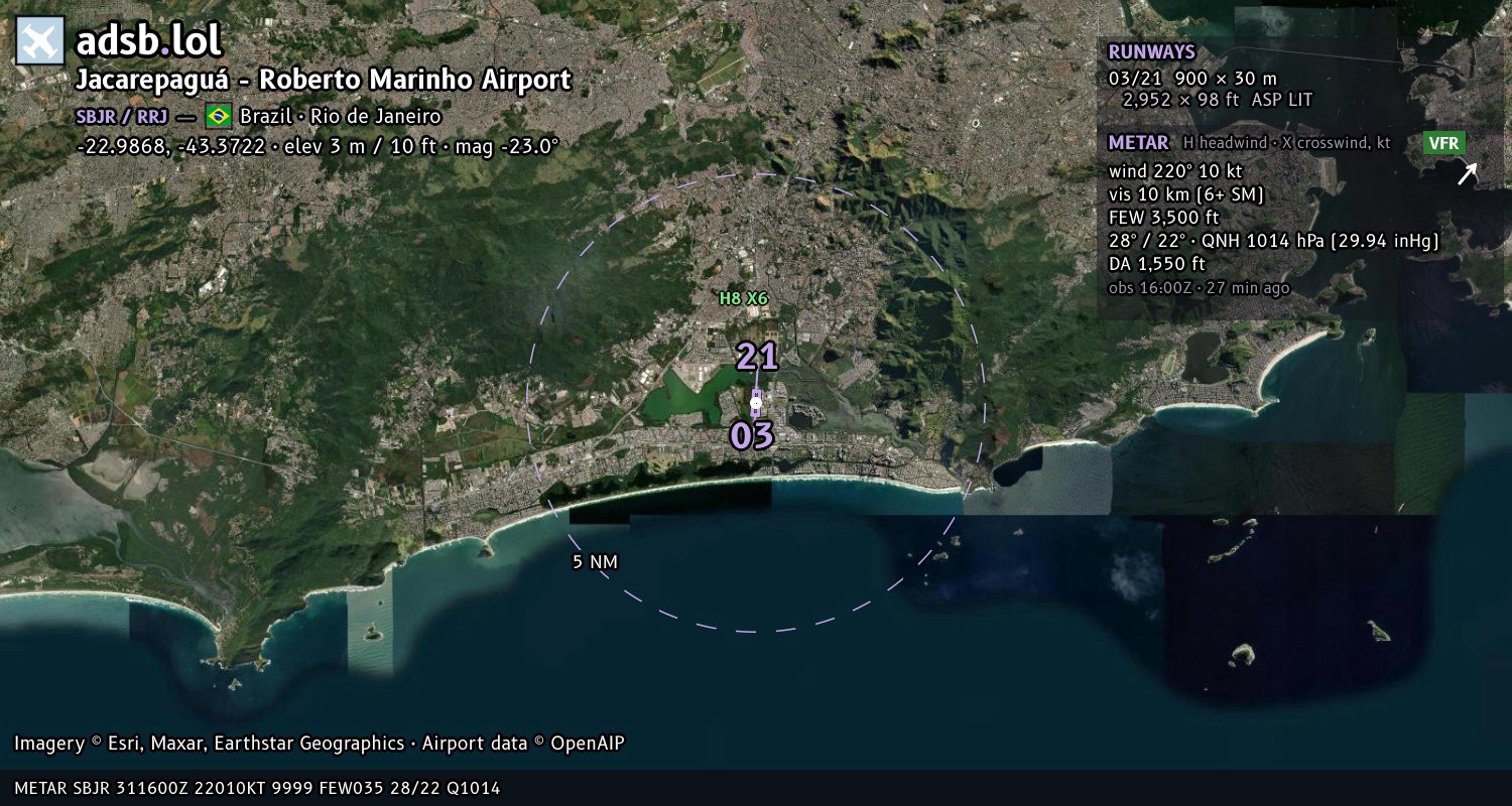 Satellite map with the runway layout of Jacarepaguá - Roberto Marinho Airport (SBJR)