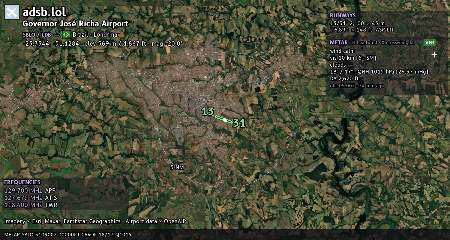 Satellite map with the runway layout of Governor José Richa Airport (SBLO)