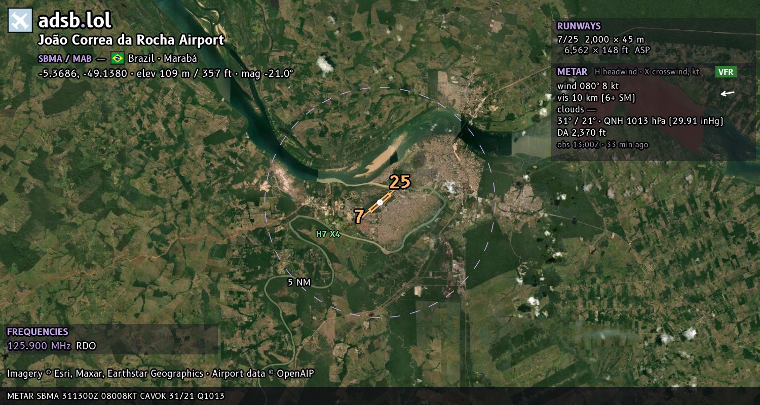 Satellite map with the runway layout of João Correa da Rocha Airport (SBMA)