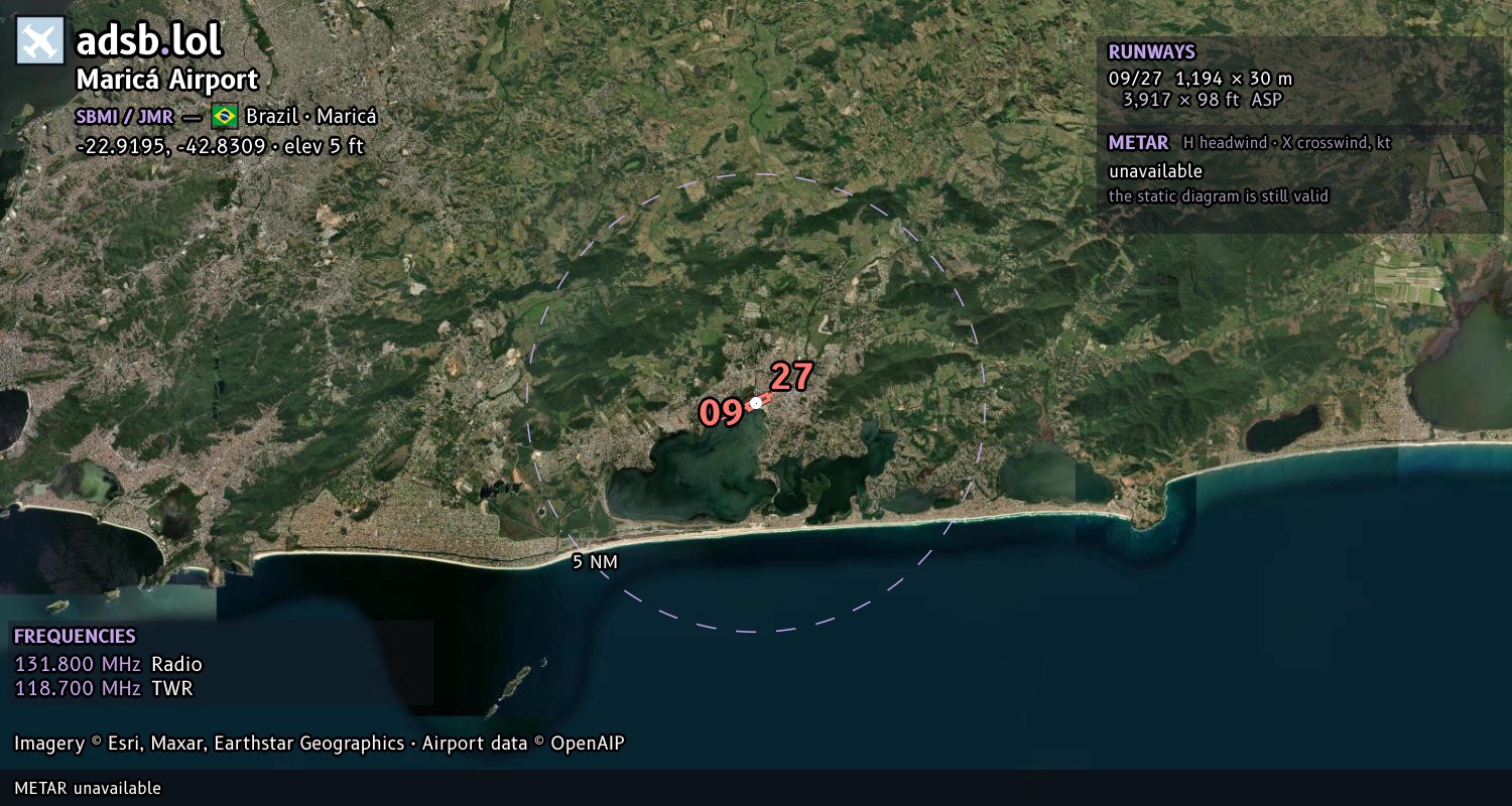 Satellite map with the runway layout of Maricá Airport (SBMI)