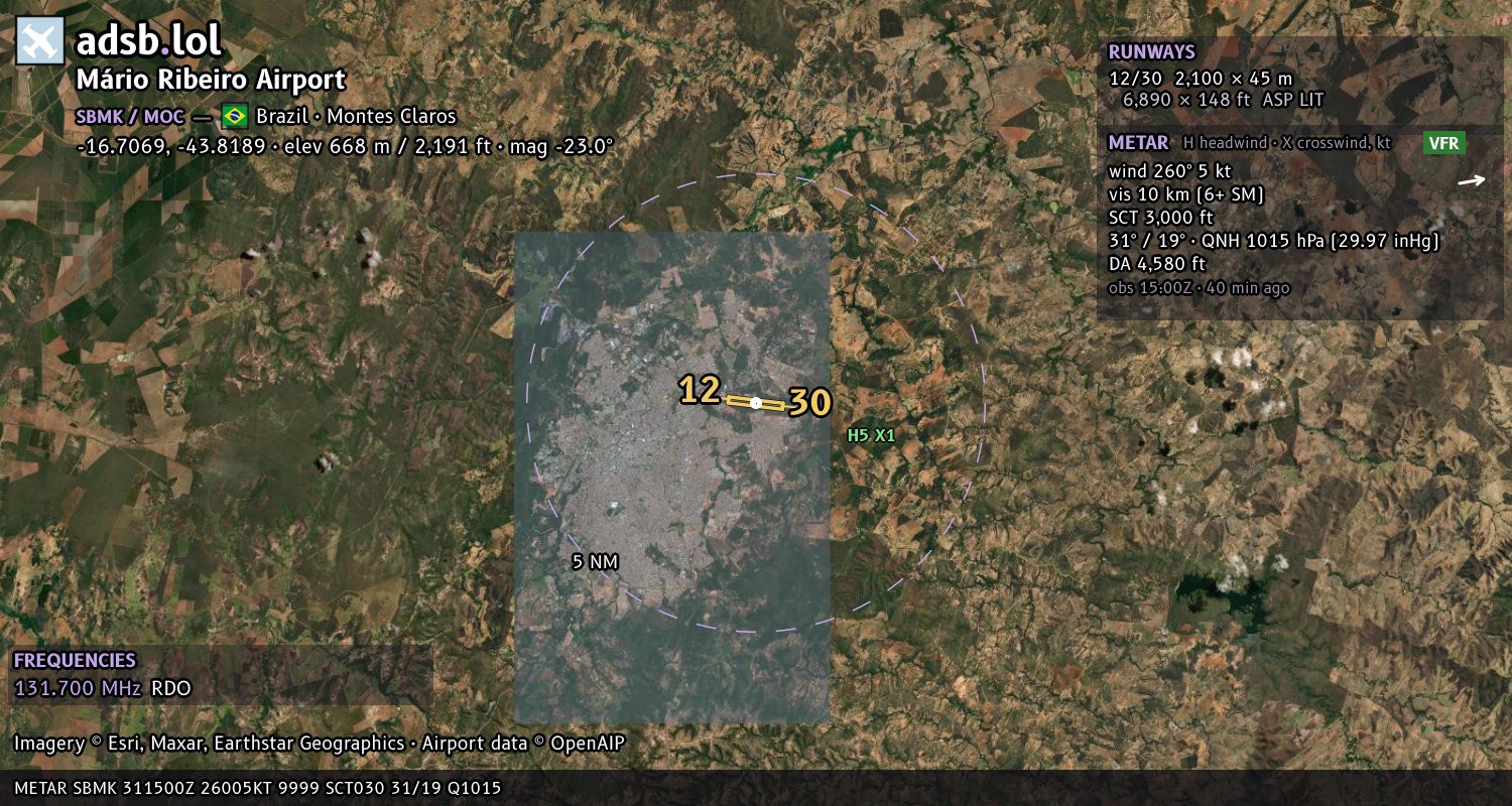 Satellite map with the runway layout of Mário Ribeiro Airport (SBMK)