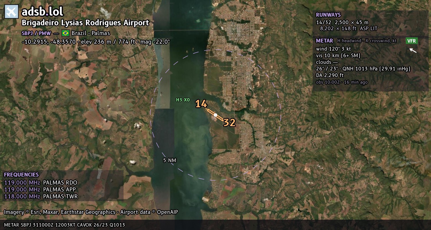Satellite map with the runway layout of Brigadeiro Lysias Rodrigues Airport (SBPJ)