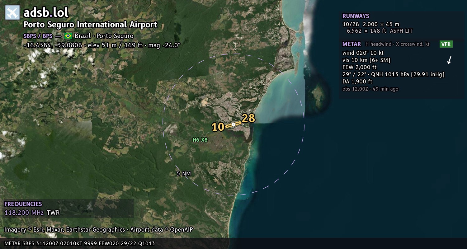 Satellite map with the runway layout of Porto Seguro International Airport (SBPS)