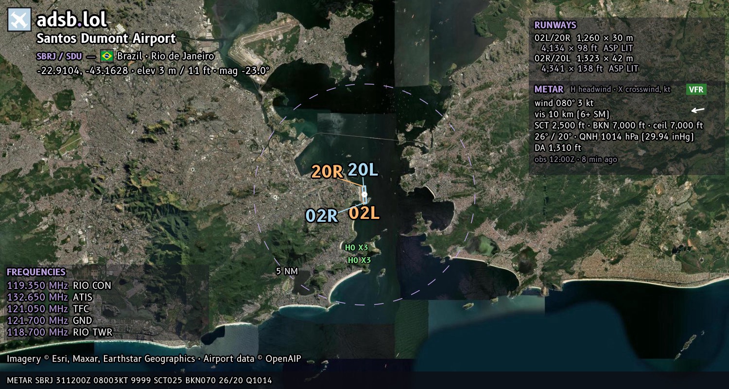 Satellite map with the runway layout of Santos Dumont Airport (SBRJ)