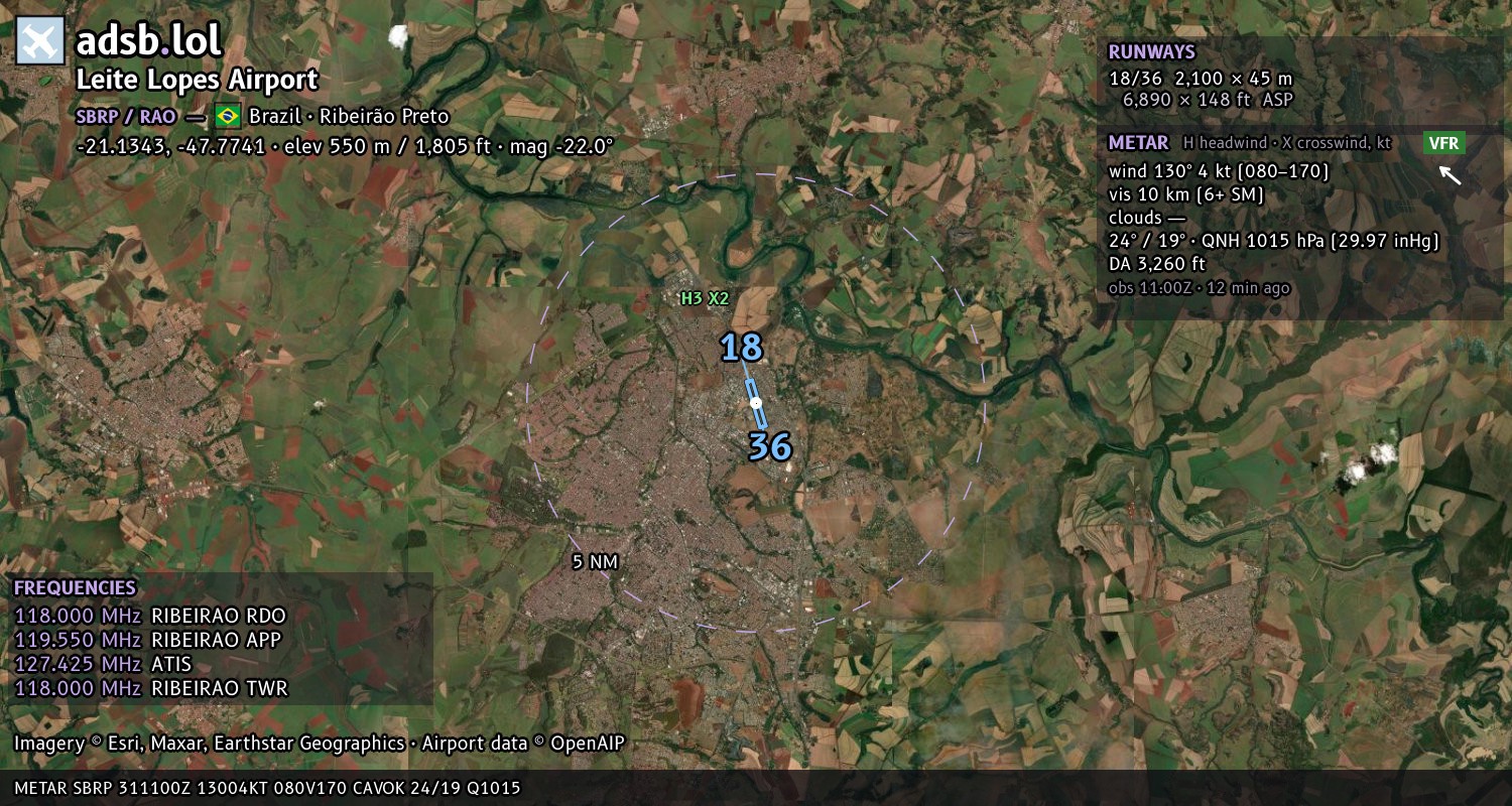 Satellite map with the runway layout of Leite Lopes Airport (SBRP)