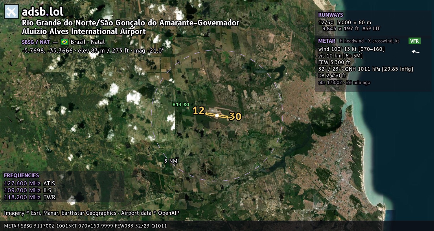 Satellite map with the runway layout of Rio Grande do Norte/São Gonçalo do Amarante–Governador Aluízio Alves International Airport (SBSG)