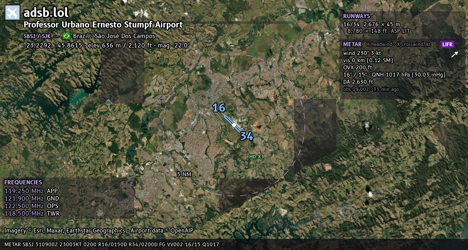 Satellite map with the runway layout of Professor Urbano Ernesto Stumpf Airport (SBSJ)