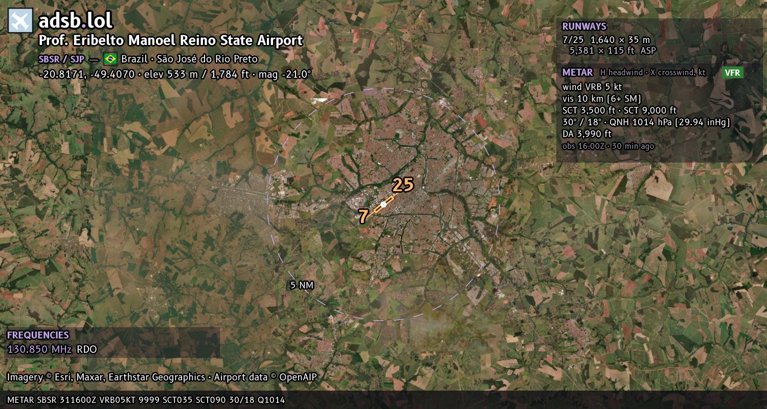 Satellite map with the runway layout of Prof. Eribelto Manoel Reino State Airport (SBSR)