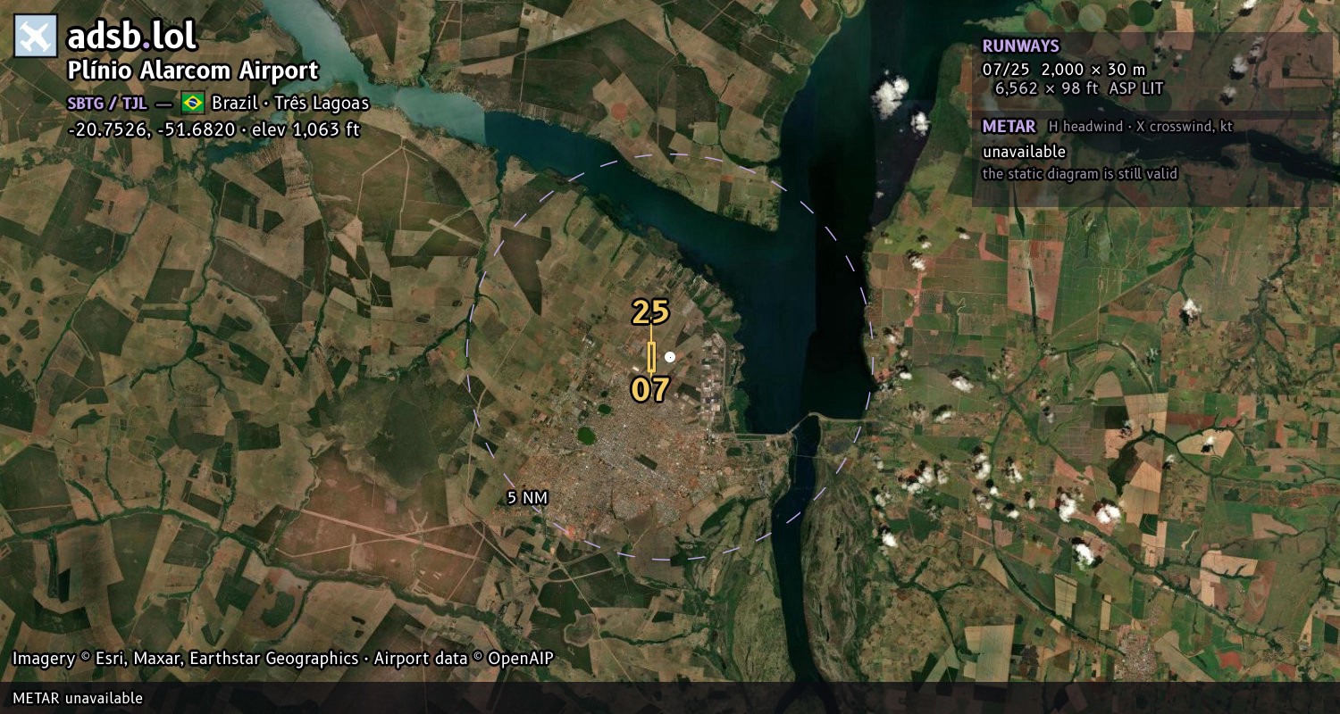 Satellite map with the runway layout of Plínio Alarcom Airport (SBTG)