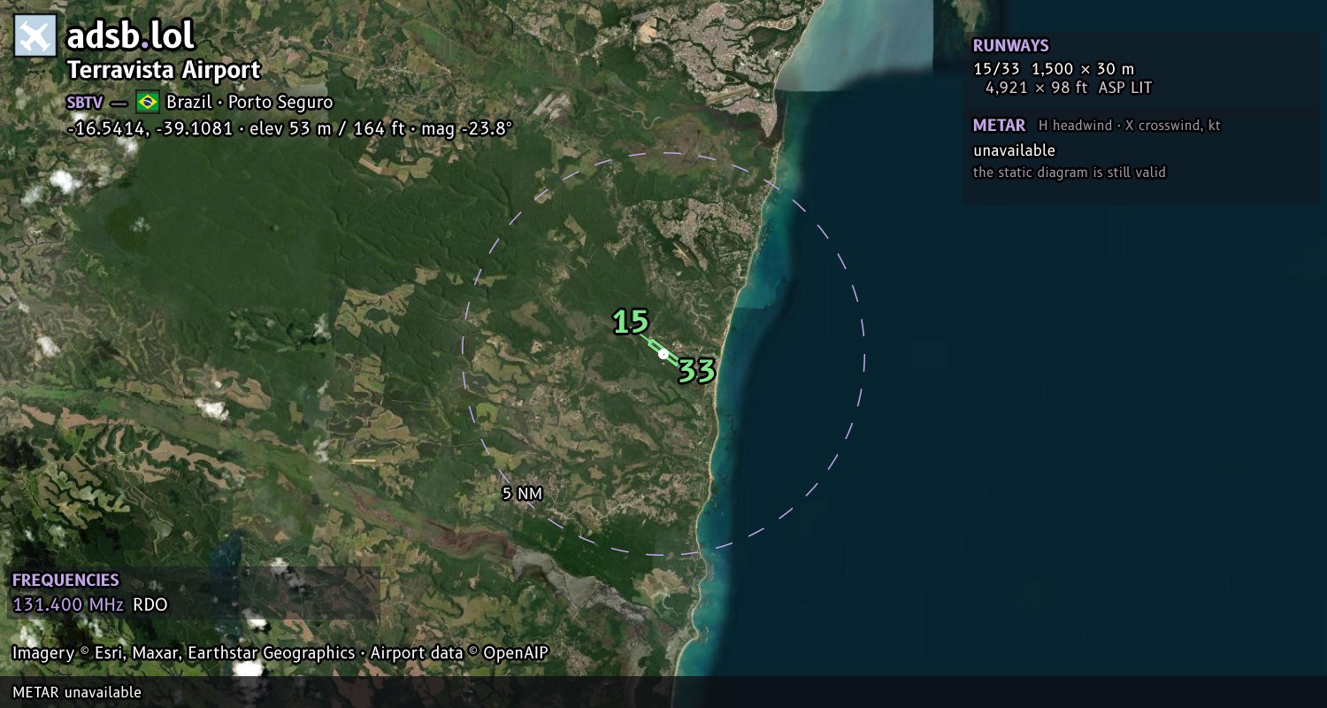 Satellite map with the runway layout of Terravista Airport (SBTV)
