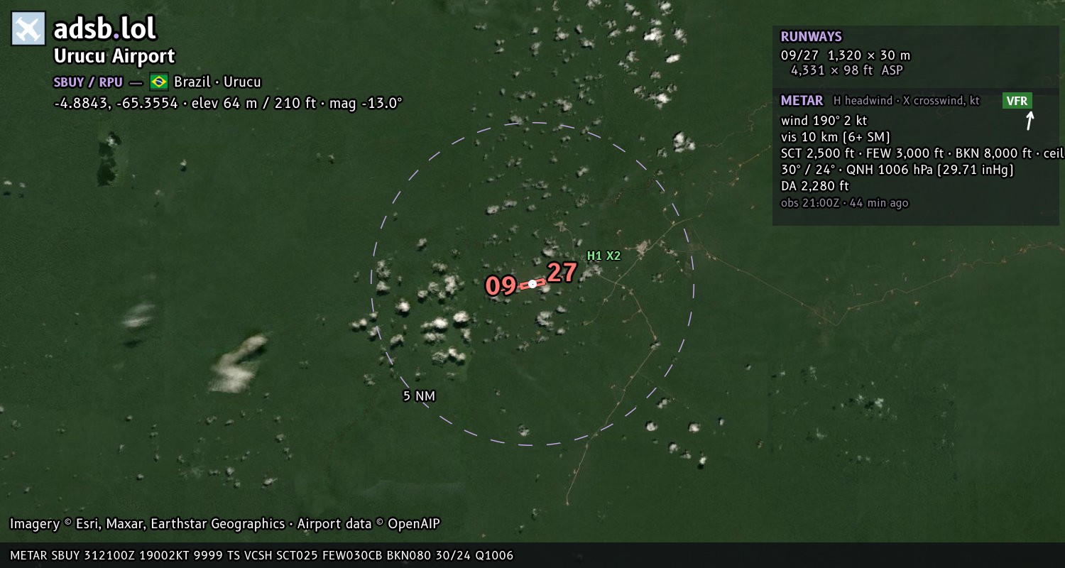 Satellite map with the runway layout of Urucu Airport (SBUY)