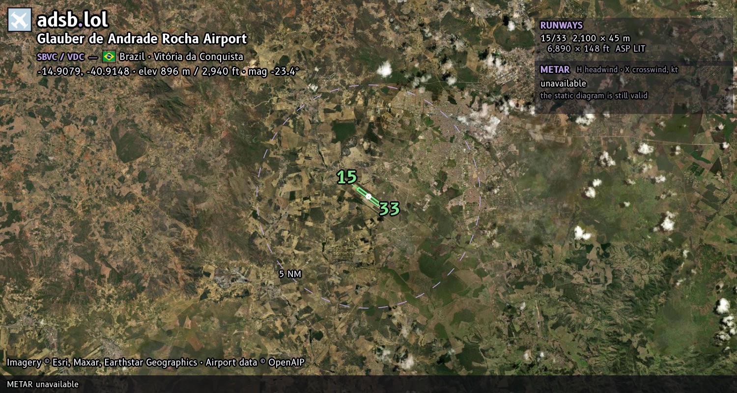 Satellite map with the runway layout of Glauber de Andrade Rocha Airport (SBVC)
