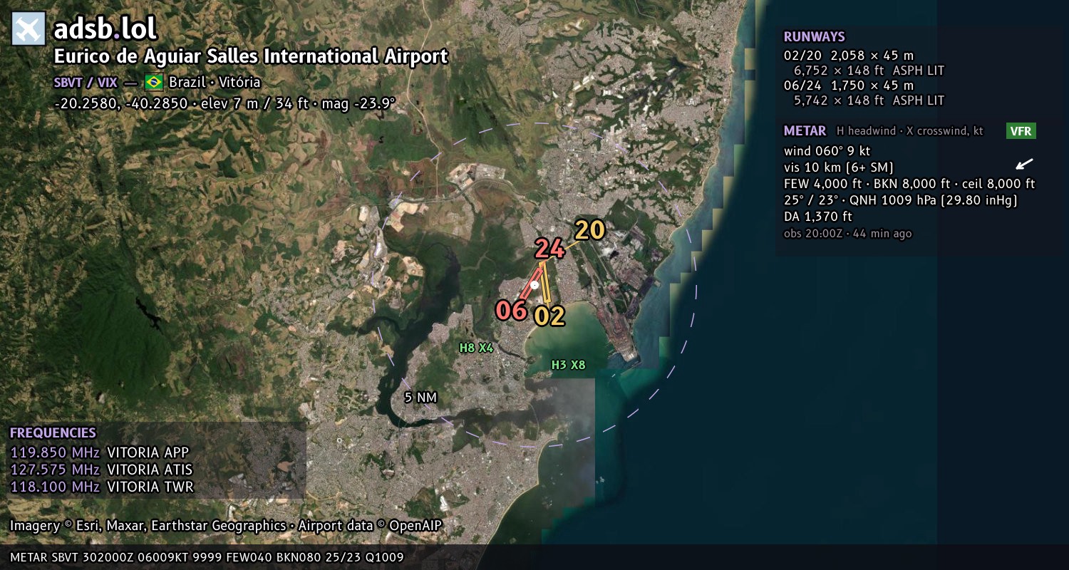 Satellite map with the runway layout of Eurico de Aguiar Salles International Airport (SBVT)