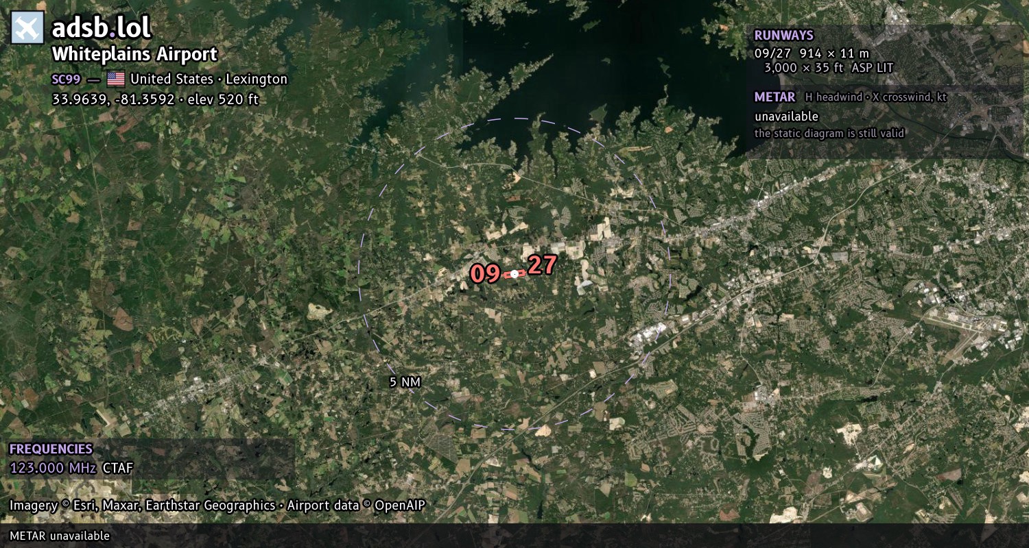 Satellite map with the runway layout of Whiteplains Airport (SC99)